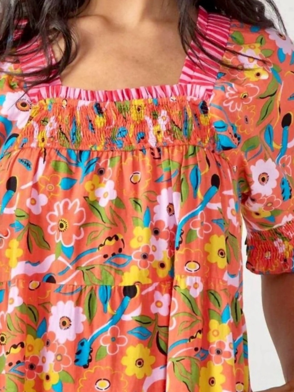 Printfresh Dress The Muse Tiered Midi Dress Smocked Puff Sleeve in Peach Cobbler - Picture 3 of 7